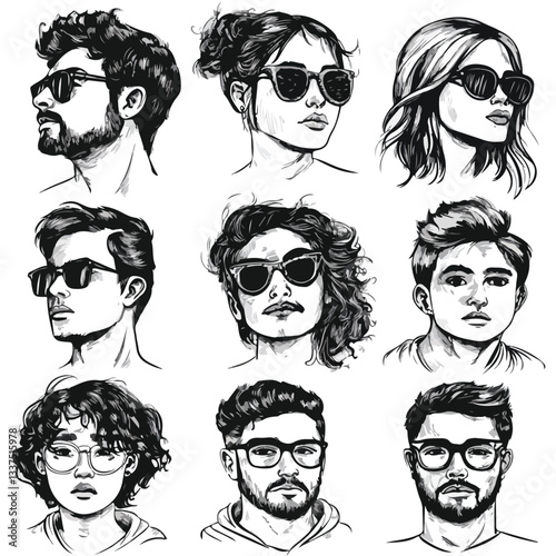 Professional Human Faces Portraits Black Ink Sketch Vector Illustration