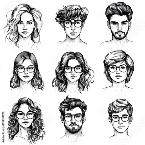 Professional Human Faces Portraits Black Ink Sketch Vector Illustration