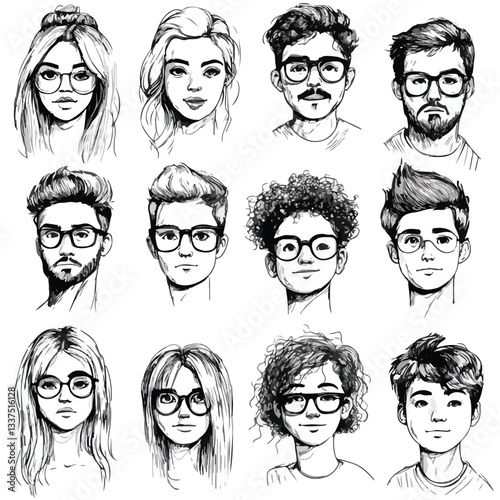 Professional Human Faces Portraits Black Ink Sketch Vector Illustration