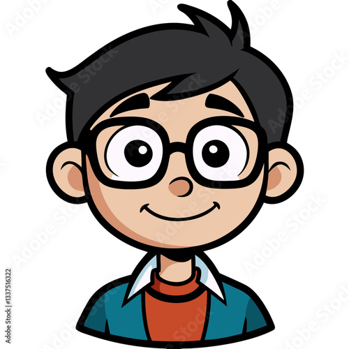 a cartoon of a young boy wearing glasses, vector illustration