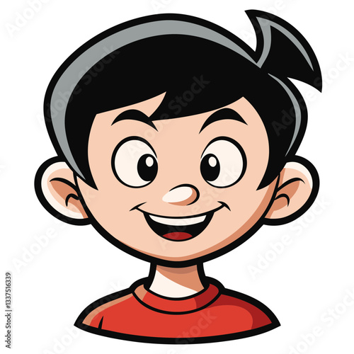 a smiling cartoon boy with dark hair wearing a red shirt vector illustration