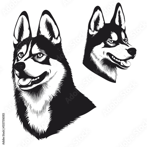 Majestic Husky Dog Portrait with Profile, Side, and Front View