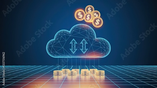 Abstract digital cloud with arrows up and down and dollar coins tower. Cloud mining or digital investment technology concept. Low poly wireframe vector illustration in futuristic hologram blue style 