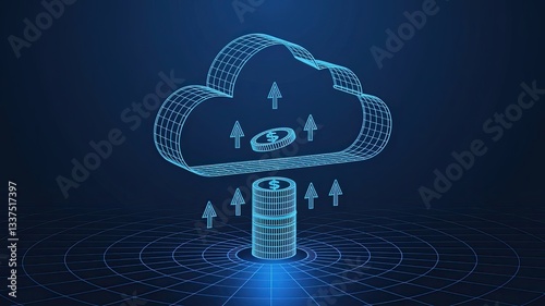 Abstract digital cloud with arrows up and down and dollar coins tower. Cloud mining or digital investment technology concept. Low poly wireframe vector illustration in futuristic hologram blue style 