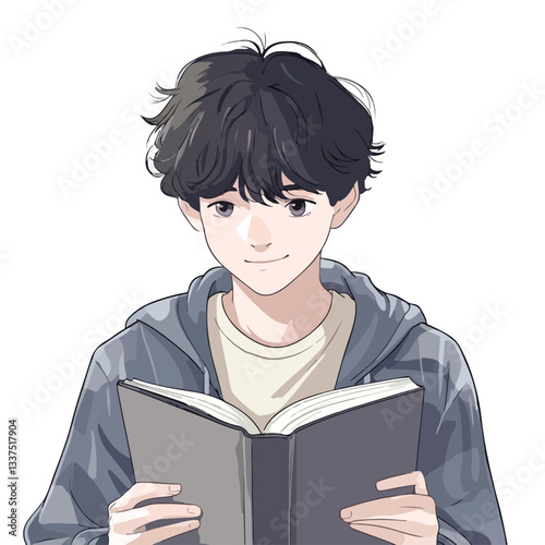 Joyful Young Boy Engrossed in Reading a Book Illustration