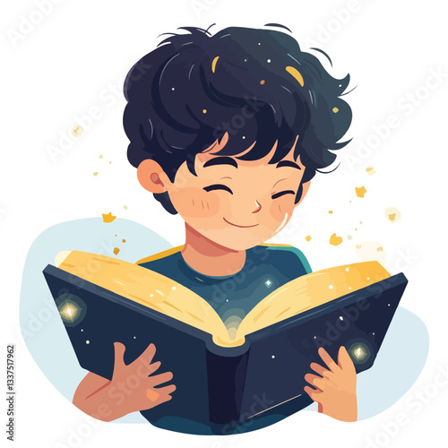 Joyful Young Boy Engrossed in Reading a Book Illustration