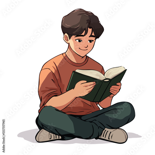 Joyful Young Boy Engrossed in Reading a Book Illustration