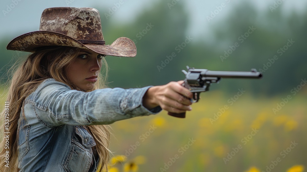 Fototapeta premium Young caucasian woman in cowboy hat aiming revolver outdoors.