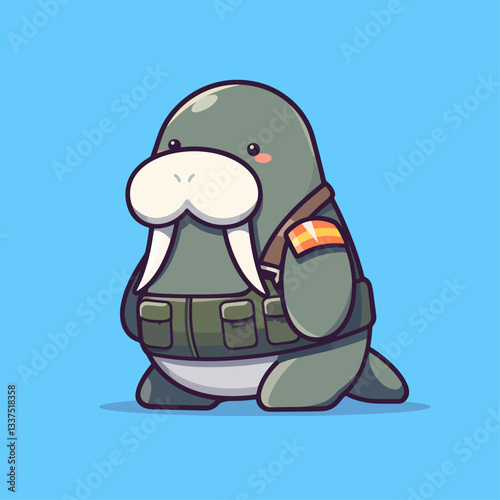 A cute cartoon walrus character wearing a tactical vest with pockets and a shoulder patch on a blue background.