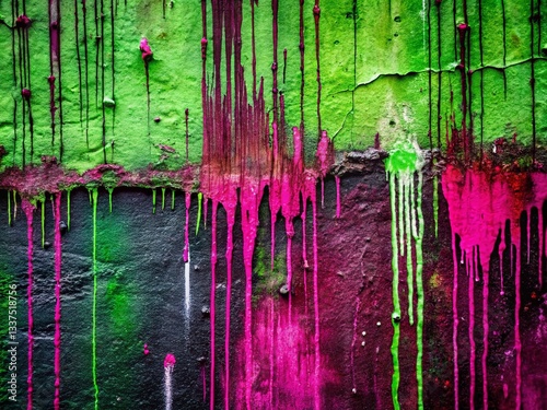 Abstract Green Graffiti Wall Texture: Messy Paint Drips & Splashes on Black Magenta Background