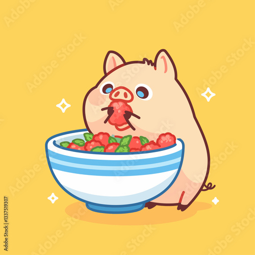 A cute cartoon pig happily eating fresh strawberries and mint from a large striped bowl on a vibrant yellow background.
