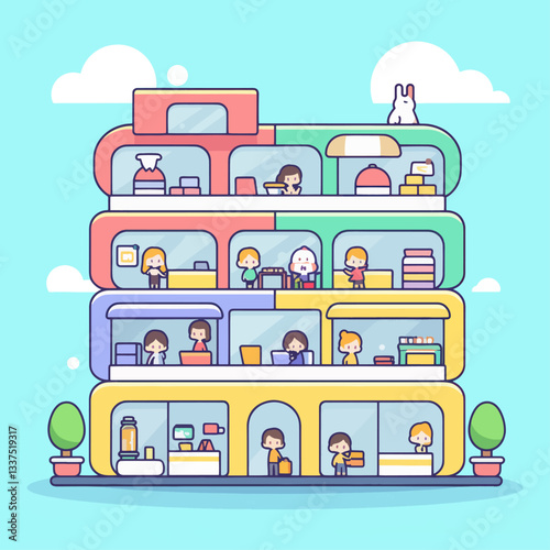 A vibrant, multi-story cartoon building featuring various shops, businesses, and people engaged in daily activities, with a rabbit on the roof.