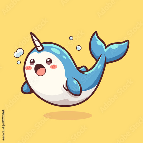 A cute cartoon narwhal with a horn and big eyes swimming happily with bubbles against a yellow background.