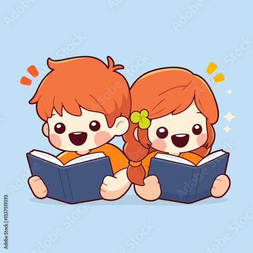 Cute cartoon boy and girl with orange hair happily reading books together, illustrating childhood education and learning.