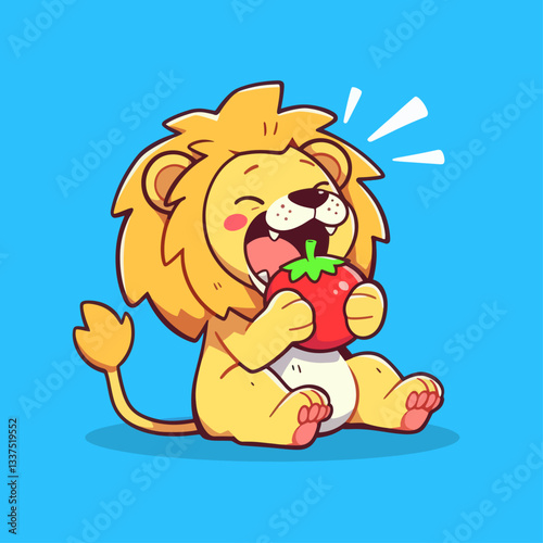 A cute cartoon lion happily eating a red tomato on a blue background.