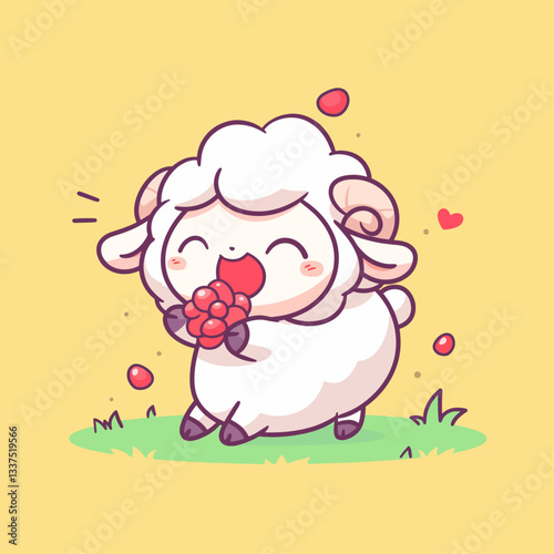 A cute cartoon sheep happily eating red berries on green grass with a yellow background.