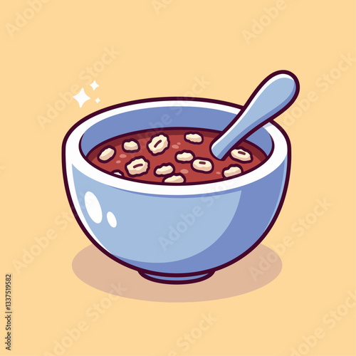 A cartoon illustration of a light blue bowl filled with sweet red bean soup and small white mochi, with a spoon resting inside.