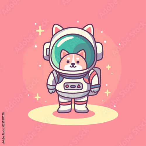 A cute cartoon shiba inu dog wearing an astronaut suit with a pink starry background.