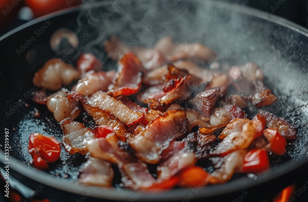 Fototapeta premium Sizzling Bacon and Cherry Tomatoes Cooking in Skillet with Steam Rising, Delicious Breakfast Preparation with Flavorful Ingredients and Culinary Appeal