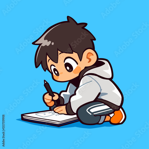 A cute cartoon boy with dark hair, wearing a grey hoodie, sitting and drawing in a sketchbook with a pen on a blue background.
