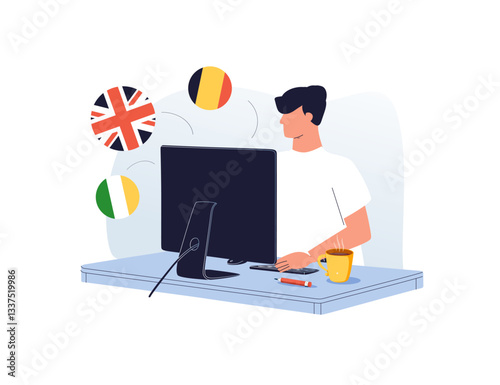 Studying foreign language online. Student choosing English course to learn in internet school. Digital education
