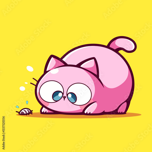 A cute, chubby pink cartoon cat with big blue eyes curiously observing a small bug on a vibrant yellow background.
