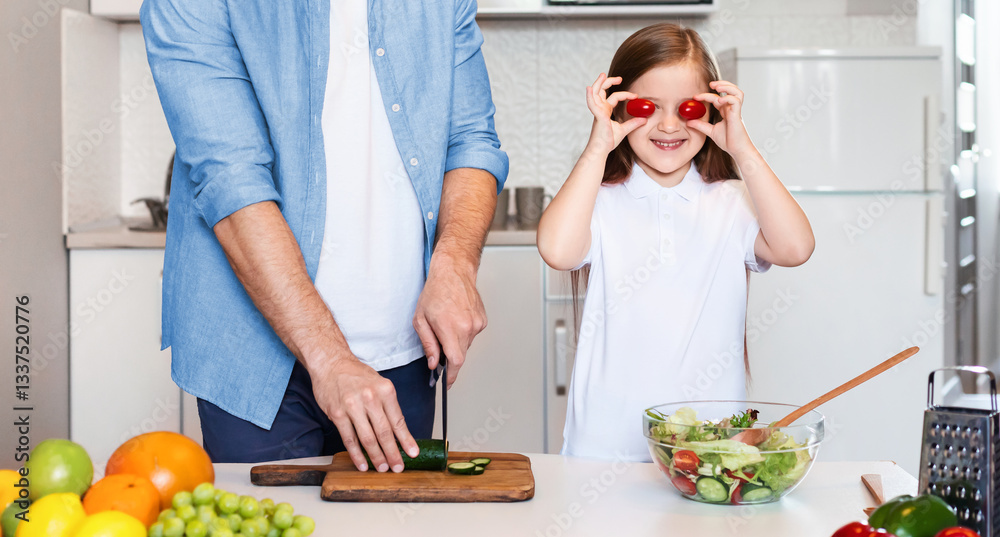 Cute Father And Daughter Cooking Having Fun With Food In Kitchen At Home. Family Weekend Leisure Cute Father And Daughter Cooking Having Fun With Food In Kitchen At Home. Family Weekend Leisure