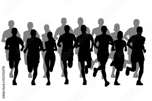 Silhouette of crowd of young people running, morning jogging, isolated icon on white background.