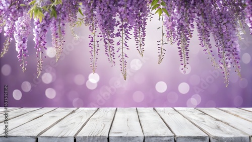 Rustic white wash wood board mockup surface with purple wisteria flowers top border and violet color bokeh background