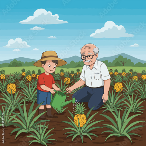 Watering Pineapple Plants Grandpa and Grandson Gardening Together Cartoon Illustration