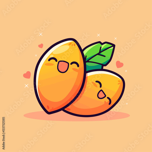 Two adorable cartoon loquat fruits with happy faces and hearts, on a warm orange background.