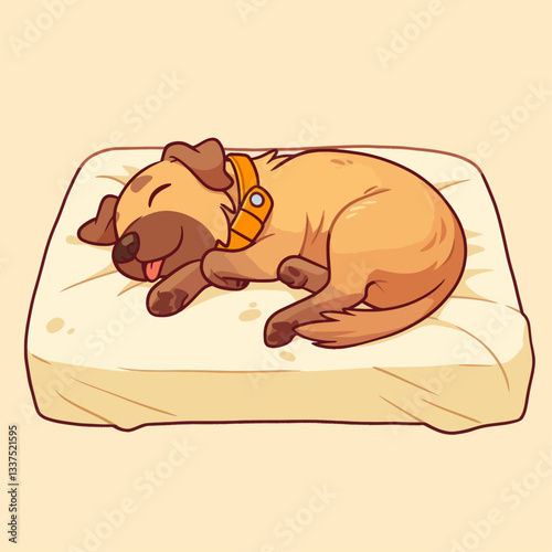 A cute cartoon brown dog with a collar sleeping peacefully curled up on a soft beige cushion.