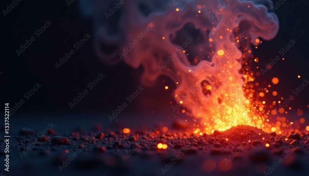 Fototapeta premium Fiery sparks burst against dark, smoky background, welding, contrast