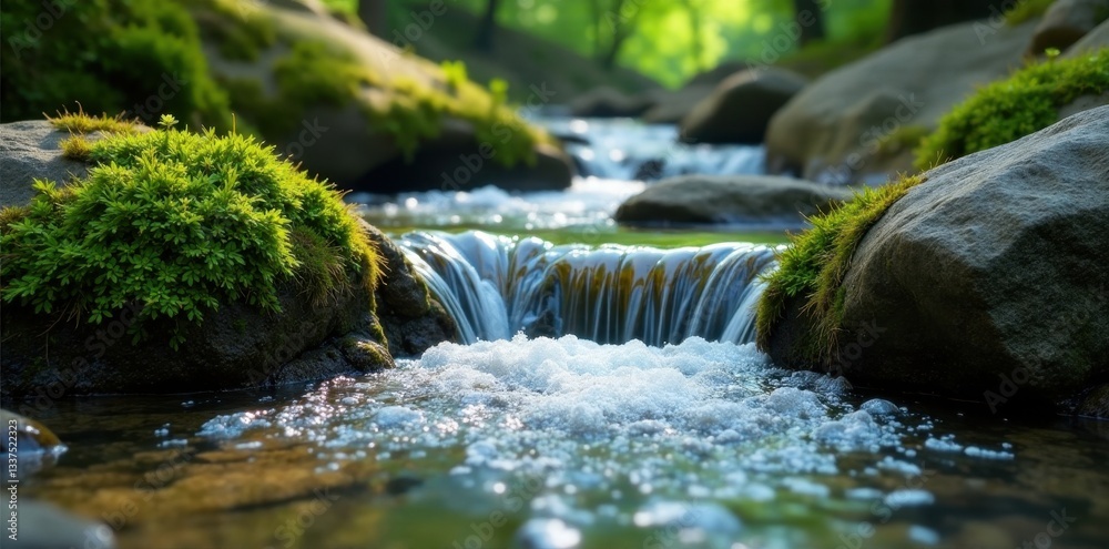 Crystal clear spring water flows over mossy rocks , moss, refreshing, fresh water Crystal clear spring water flows over mossy rocks , moss, refreshing, fresh water