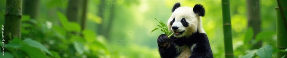 Fototapeta premium Cute panda munching bamboo, lush green forest, forest, panda, nature