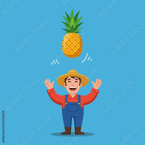 Farmer Tossing a Pineapple in the Air with a Happy Smile