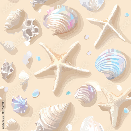 Iridescent Seashells and Fragments on Tan Background EPS