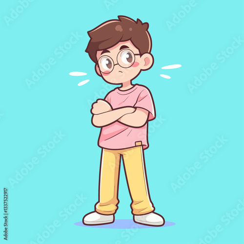 Cute cartoon boy with glasses standing with crossed arms and a grumpy expression on a blue background.