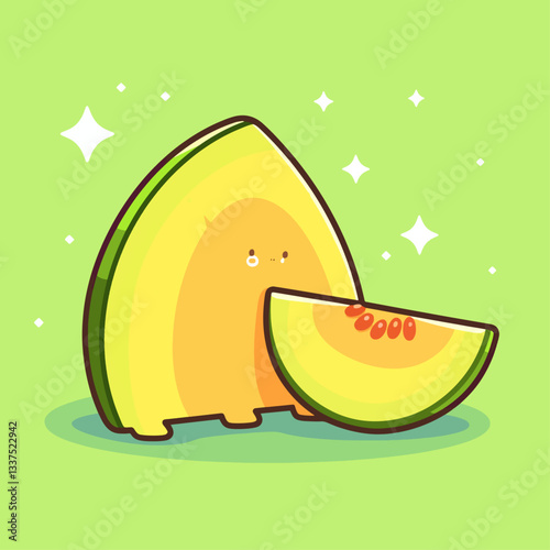 A cute cartoon melon with a slice cut out, featuring a simple face and sparkling elements on a light green background.