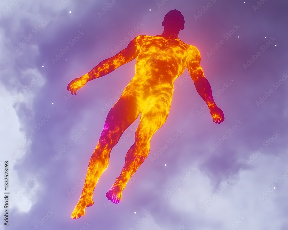 Naklejka premium Fiery Figure Ascends Cosmic Cloudscape.