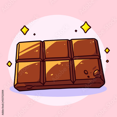 A cartoon illustration of a shiny brown chocolate bar with six segments, featuring subtle texture and golden sparkles on a light pink background.