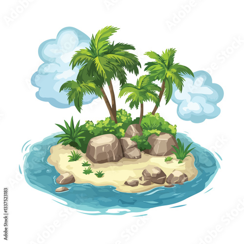 Uninhabited Island Paradise with Palm Trees and Beach in Ocean