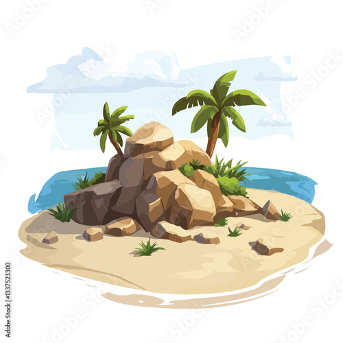 Uninhabited Island Paradise with Palm Trees and Beach in Ocean