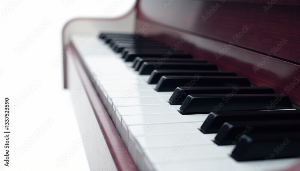 Left-aligned piano keyboard against pure white, technology, modern Left-aligned piano keyboard against pure white, technology, modern