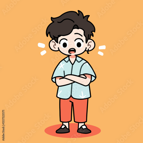 A cartoon illustration of a surprised boy with dark hair, wearing a light blue shirt and red pants, standing with crossed arms on an orange background.