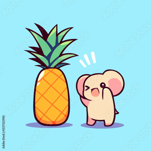 A cute cartoon baby elephant looking surprised and excited next to a large pineapple on a light blue background.