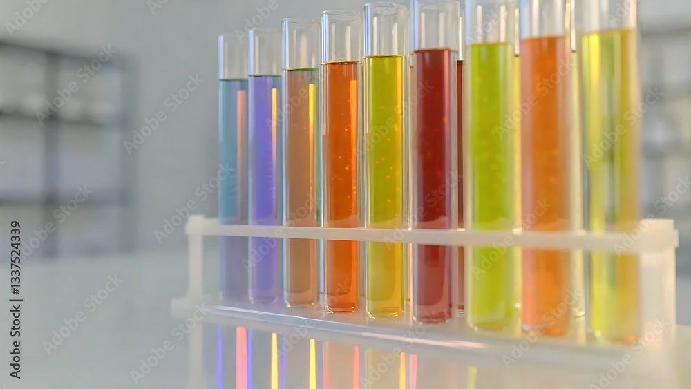 Obraz premium A Vibrant Array Of Colorful Liquids In Test Tubes, A Captivating Display Of Scientific Exploration, Bathed In Soft, Bright Light
