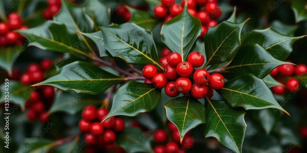 Obraz premium Close-up of holly branch, vibrant red berries, glossy dark green leaves, berries, green leaves