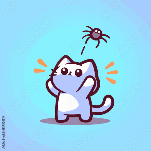 A cute cartoon cat looking surprised or scared by a small spider falling from above on a light blue background.