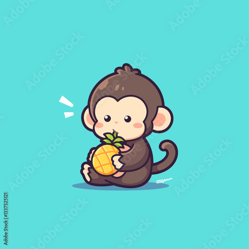 A cute cartoon baby monkey sitting and happily holding a small pineapple on a teal background.